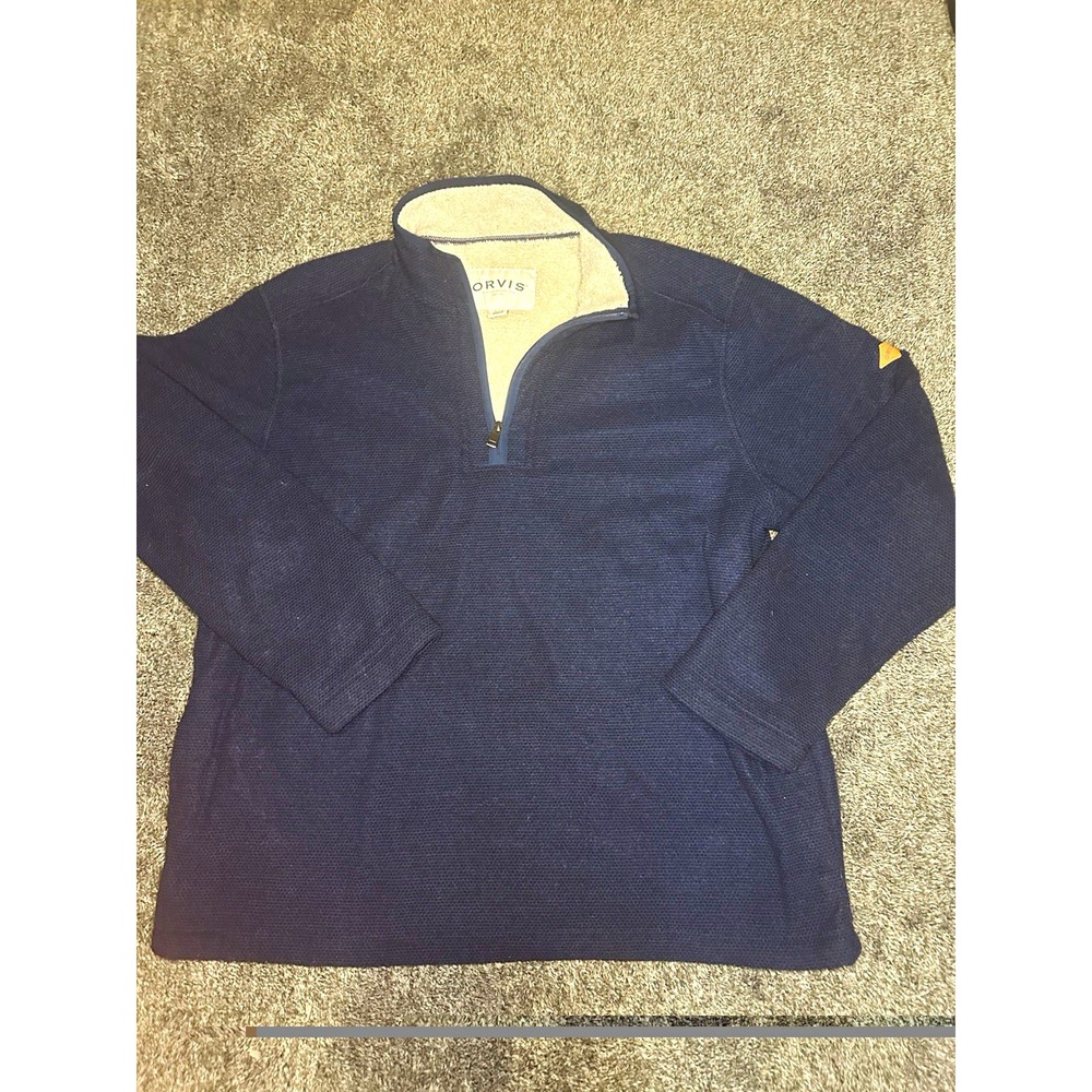Orvis Mens XL Sherpa Fleece Lined Quarter Zip Sweater Navy Blue Pullover Outdoor